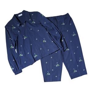 Vtg 1990s Alfred Dunner Blue Frog Embroidered Zip Up Jacket Pants Set Sz 14 P
